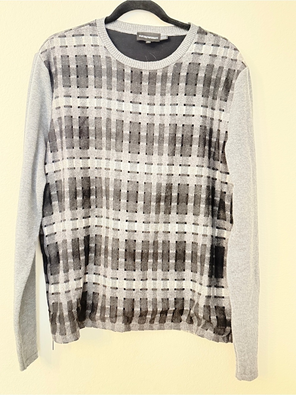 Emporio Armani Men's Grey Plaid Crewneck Sweater- Size M